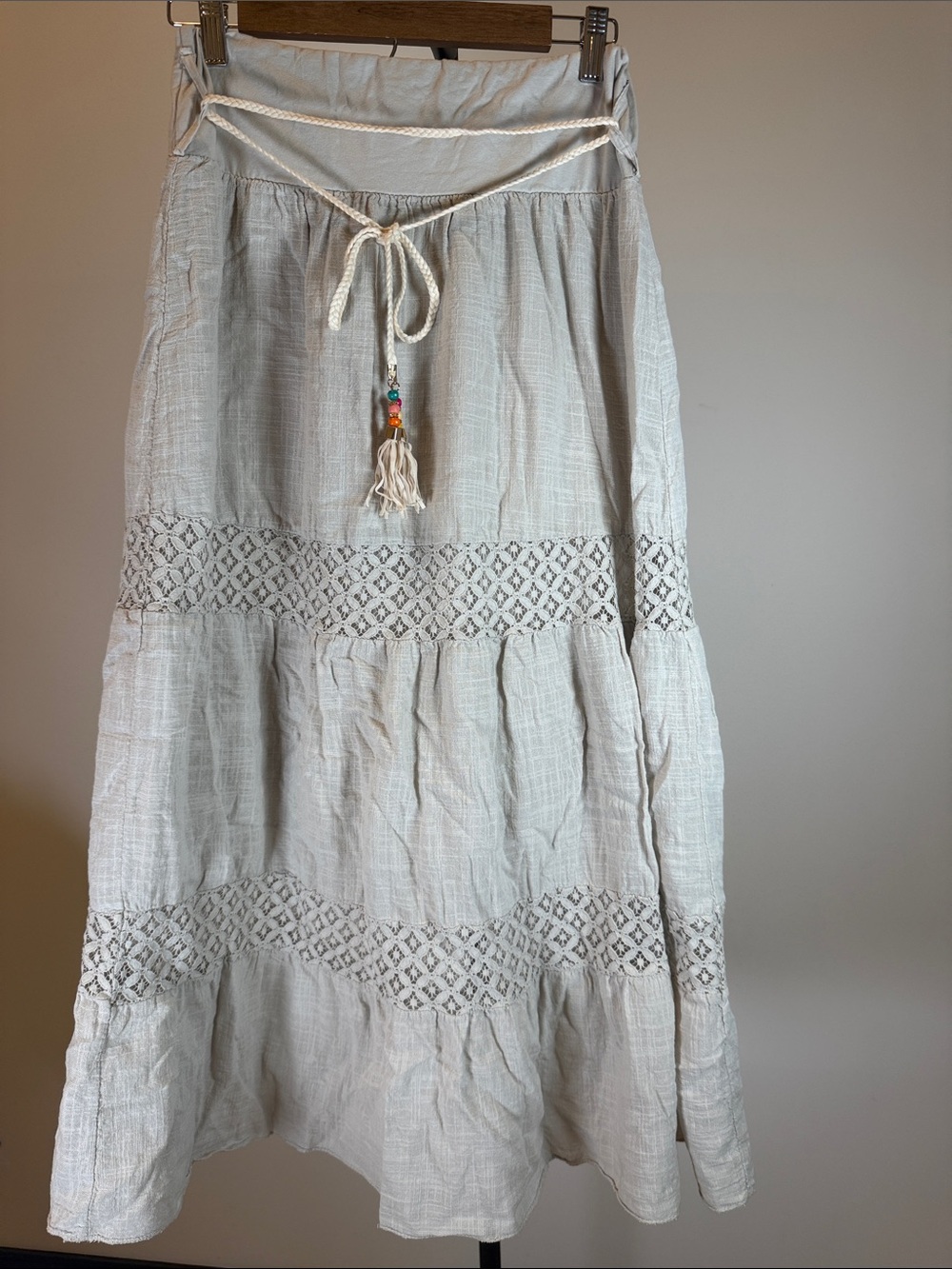 Boho Oatmeal Linen Tiered Maxi Skirt with Crochet Lace & Beaded Tassel Belt | M